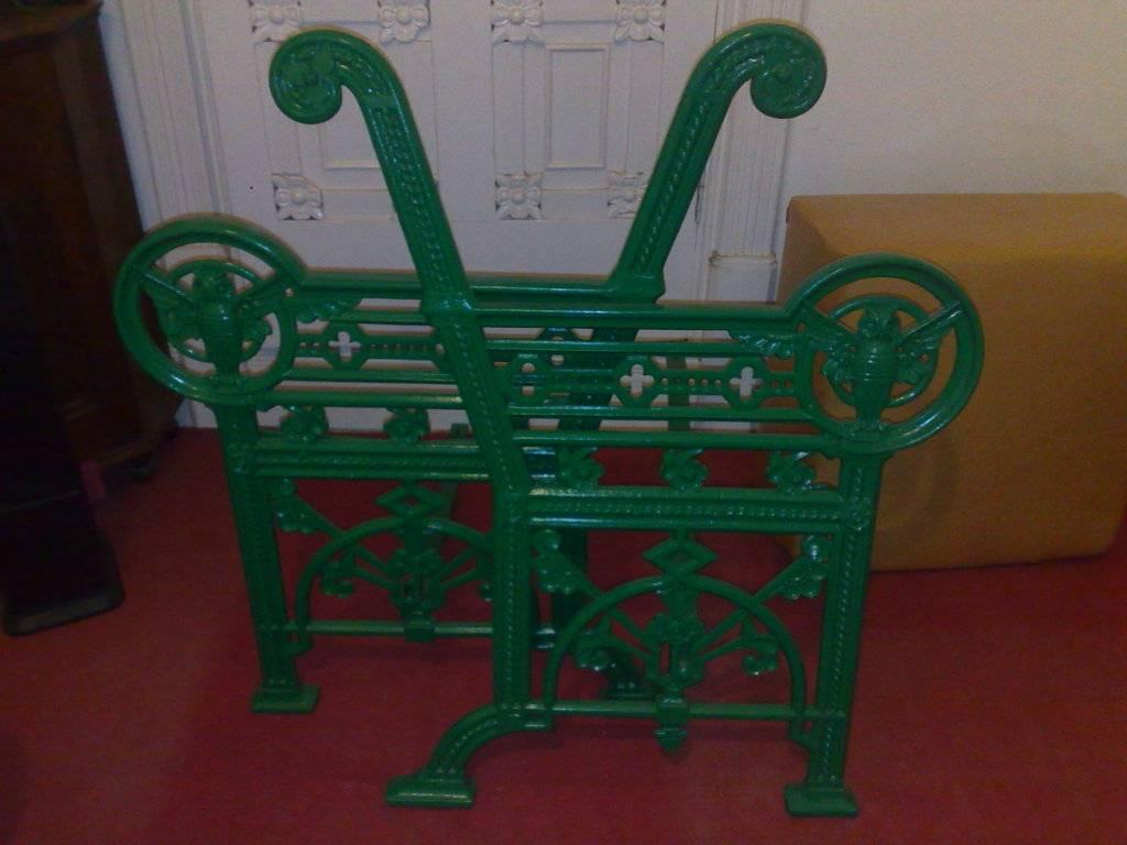 Cast iron 'OWL' garden bench in the style of Christopher Dresser by Falkirk ironwork's, with fantastic double sided Owl's to each end, pierced qua trefoils with swirling floral details below and a semi-circle with stylized floral detail within a
