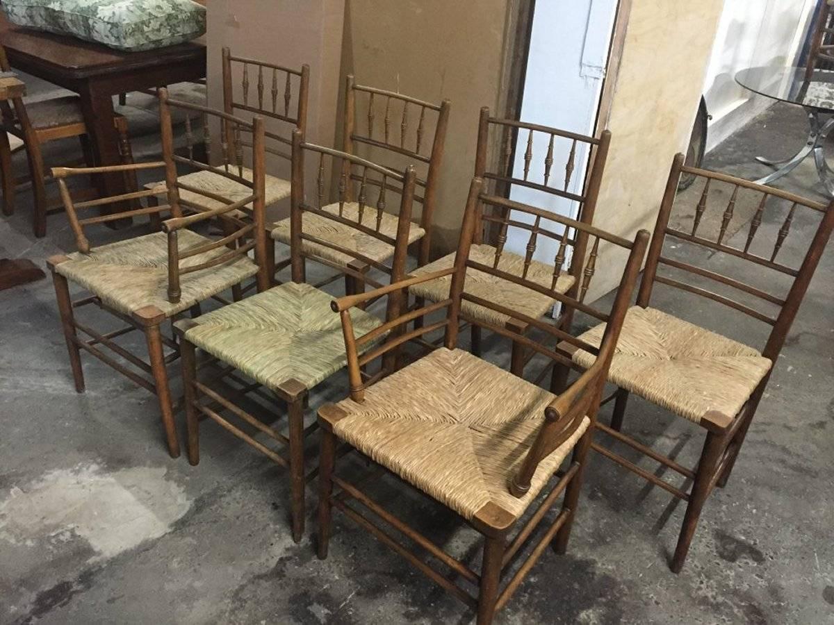 Morris and Co, Philip Webb attributed, a set of six Classic Arts and Crafts Sussex chairs consisting of two armchairs and five side chairs.
This set has been fully restored, ie dismantling the chairs, cleaning all the joints, re glueing and clamping