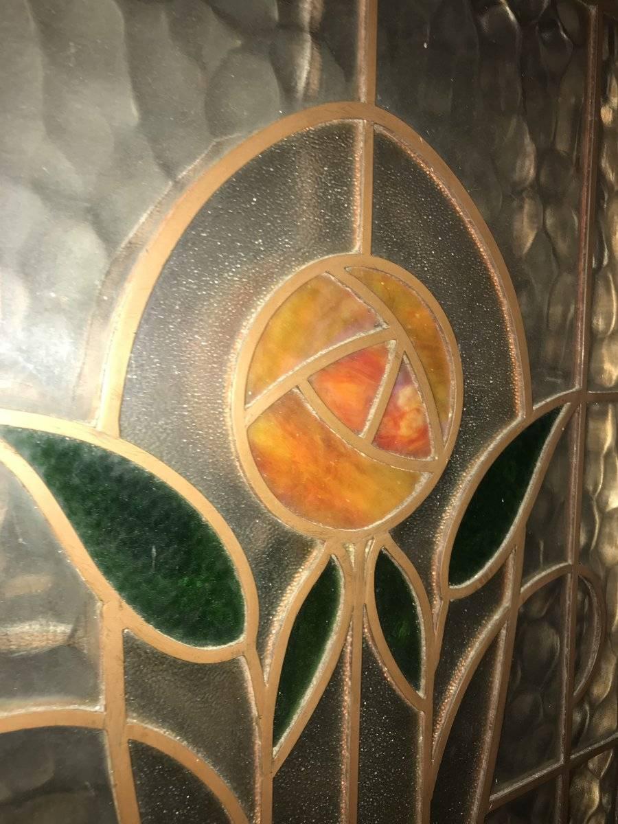 Arts and Crafts Four Arts & Crafts Stained Glass Doors with Stylized Glasgow Roses Set in Copper