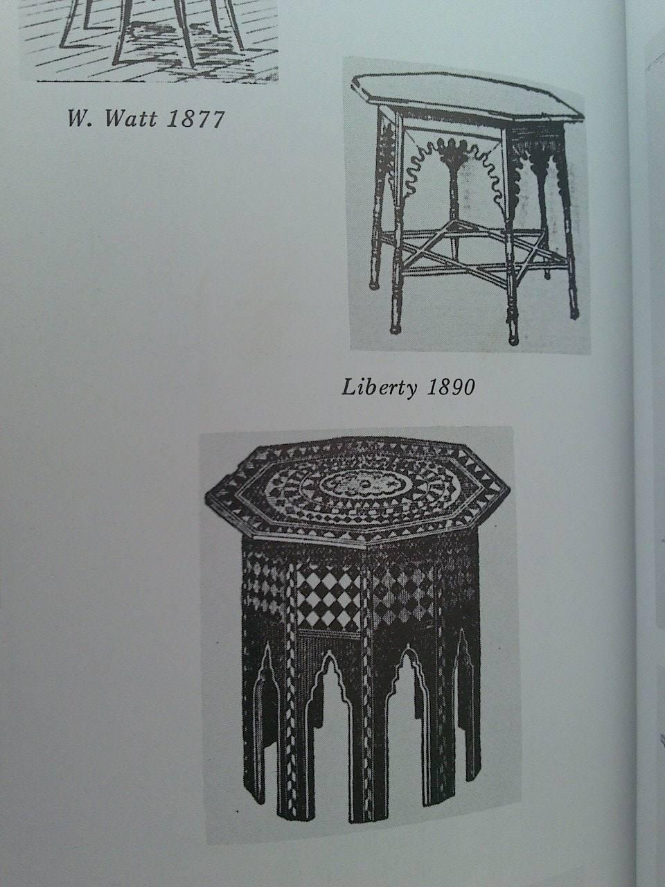 Liberty & Co An Arts and Crafts Walnut centre table with arched apron on ring turned legs united by star shaped stretchers. 
The period image attached here is variation of the same table taken from Pictorial Dictionary of British 19th Century