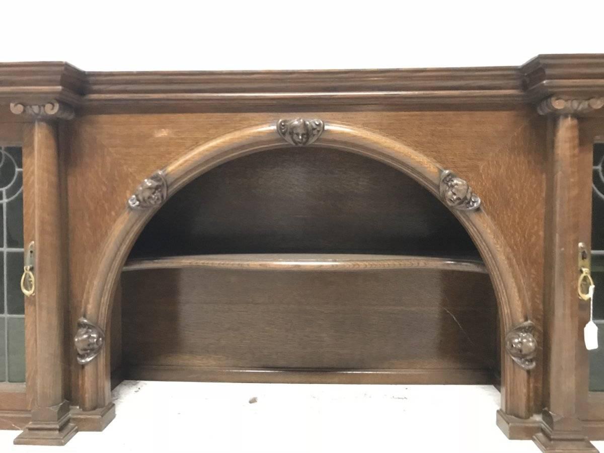 Scottish John Ednie Arts & Crafts Glasgow Oak over Mantle, Carved Cherubs and Stain Glass For Sale