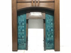Arts & Crafts Oak Fireplace with Original Turquoise Floral Tiles and Copper Hood