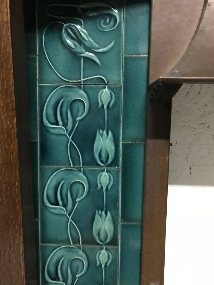 Arts and Crafts Arts & Crafts Oak Fireplace with Original Turquoise Floral Tiles and Copper Hood