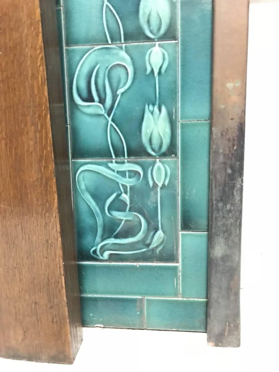 Glazed Arts & Crafts Oak Fireplace with Original Turquoise Floral Tiles and Copper Hood