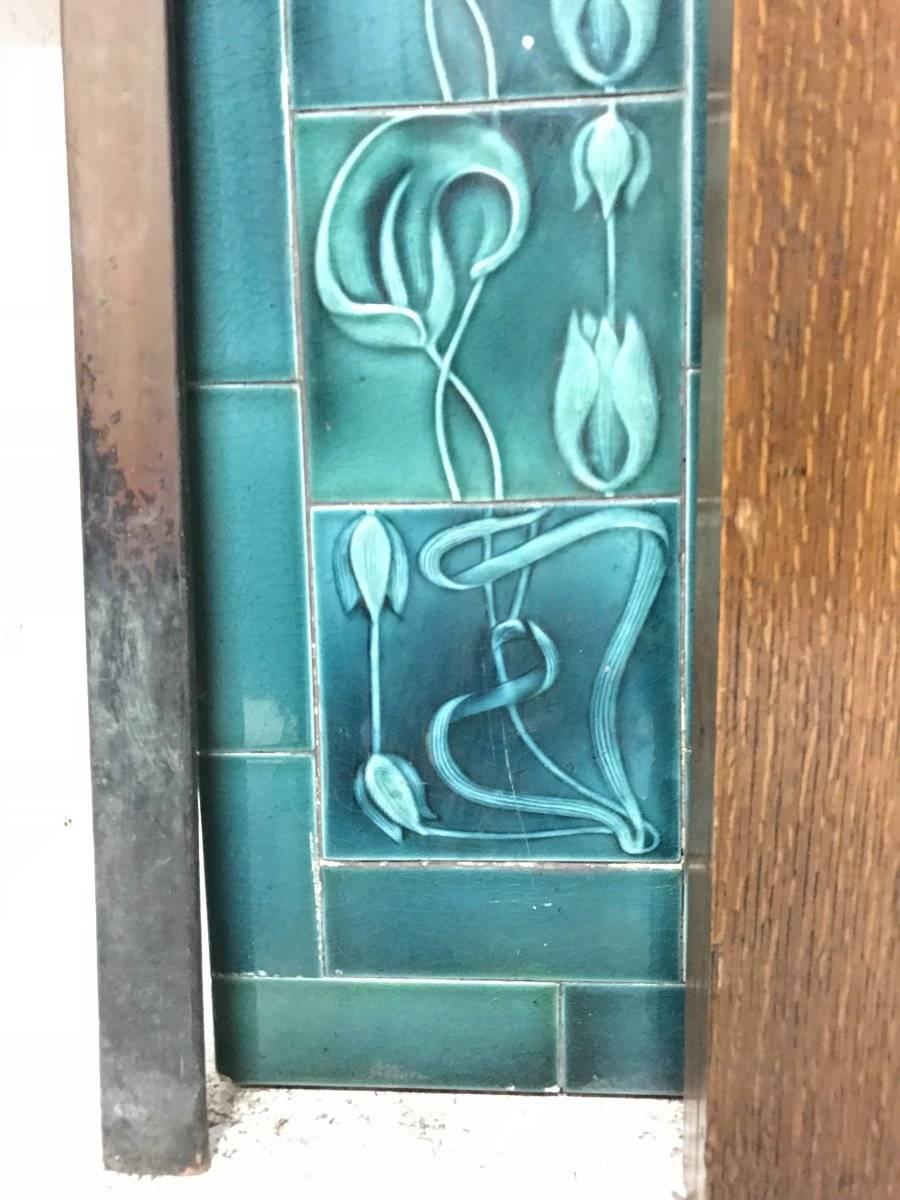 English Arts & Crafts Oak Fireplace with Original Turquoise Floral Tiles and Copper Hood