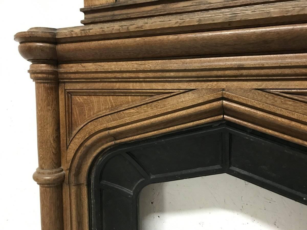 Gothic French Oak Fireplace with Original Overmantel Mirror and Turned Pillars In Good Condition In London, GB