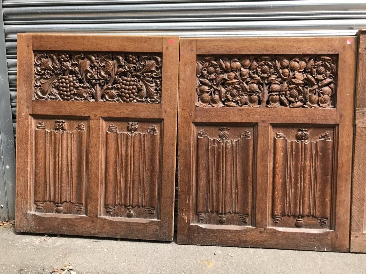 19th Century Arts & Crafts Oak Panelling Pieces with Hand-Carved Pomegranates, Roses & Grapes
