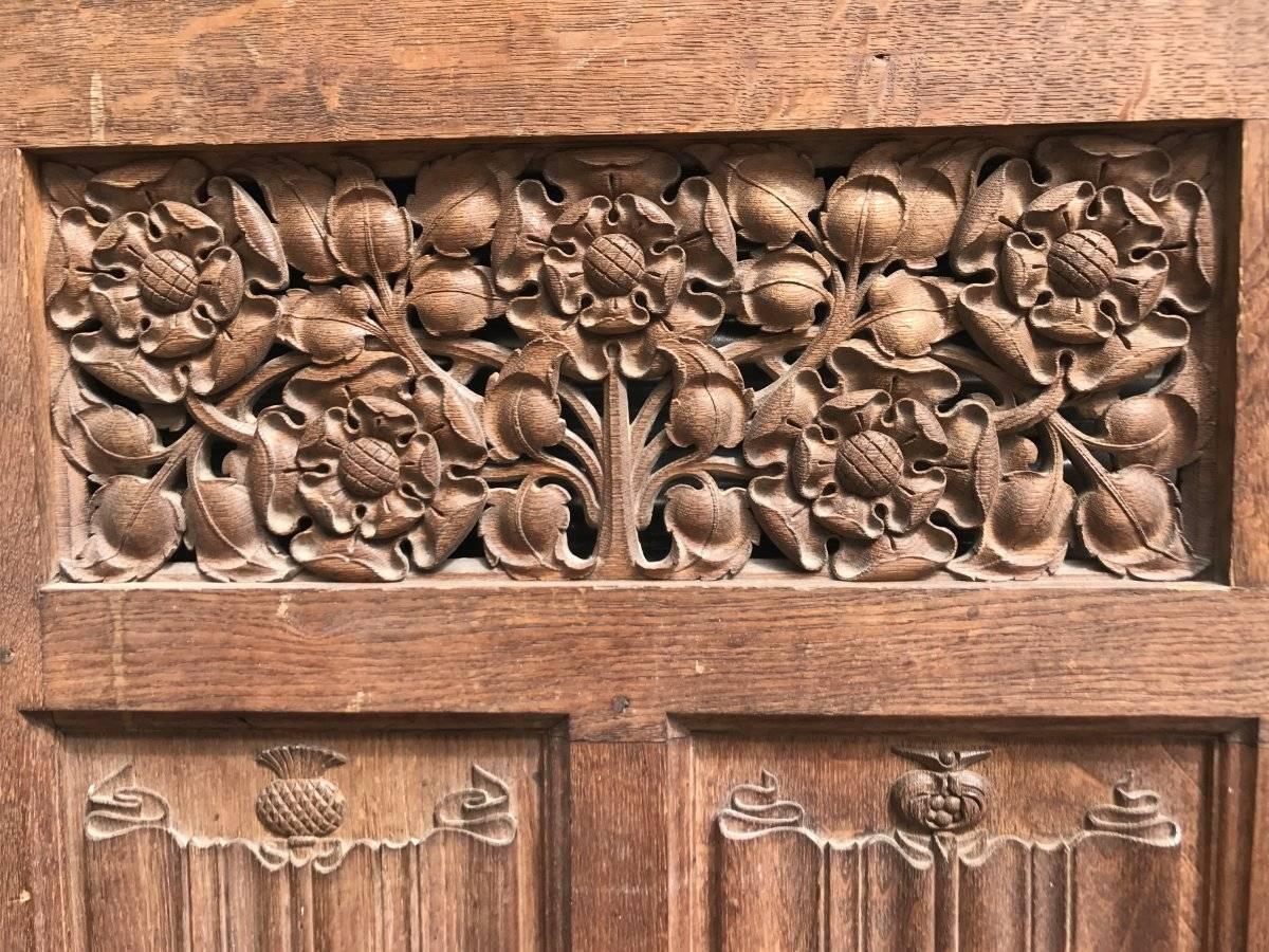 Arts and Crafts Arts & Crafts Oak Panelling Pieces with Hand-Carved Pomegranates, Roses & Grapes