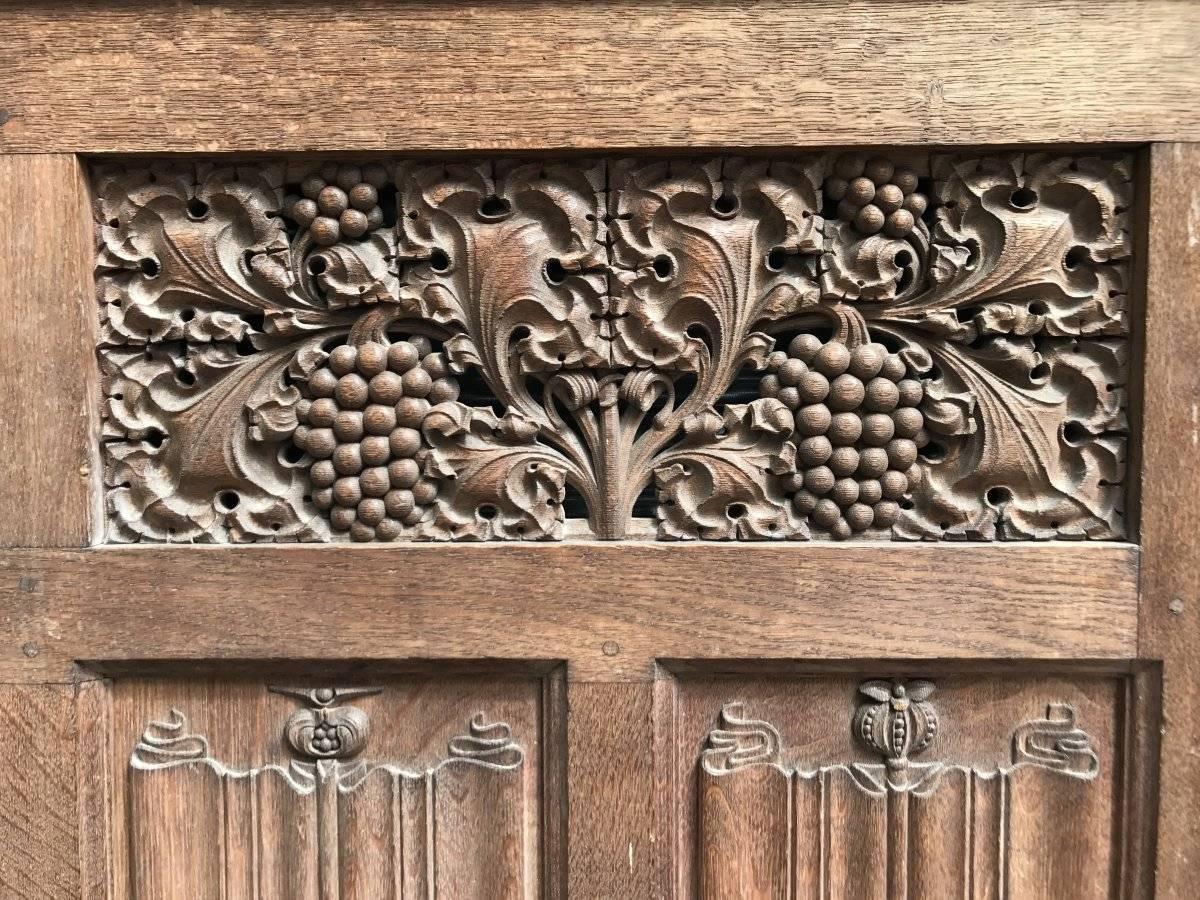 Arts & Crafts Oak Panelling Pieces with Hand-Carved Pomegranates, Roses & Grapes 1
