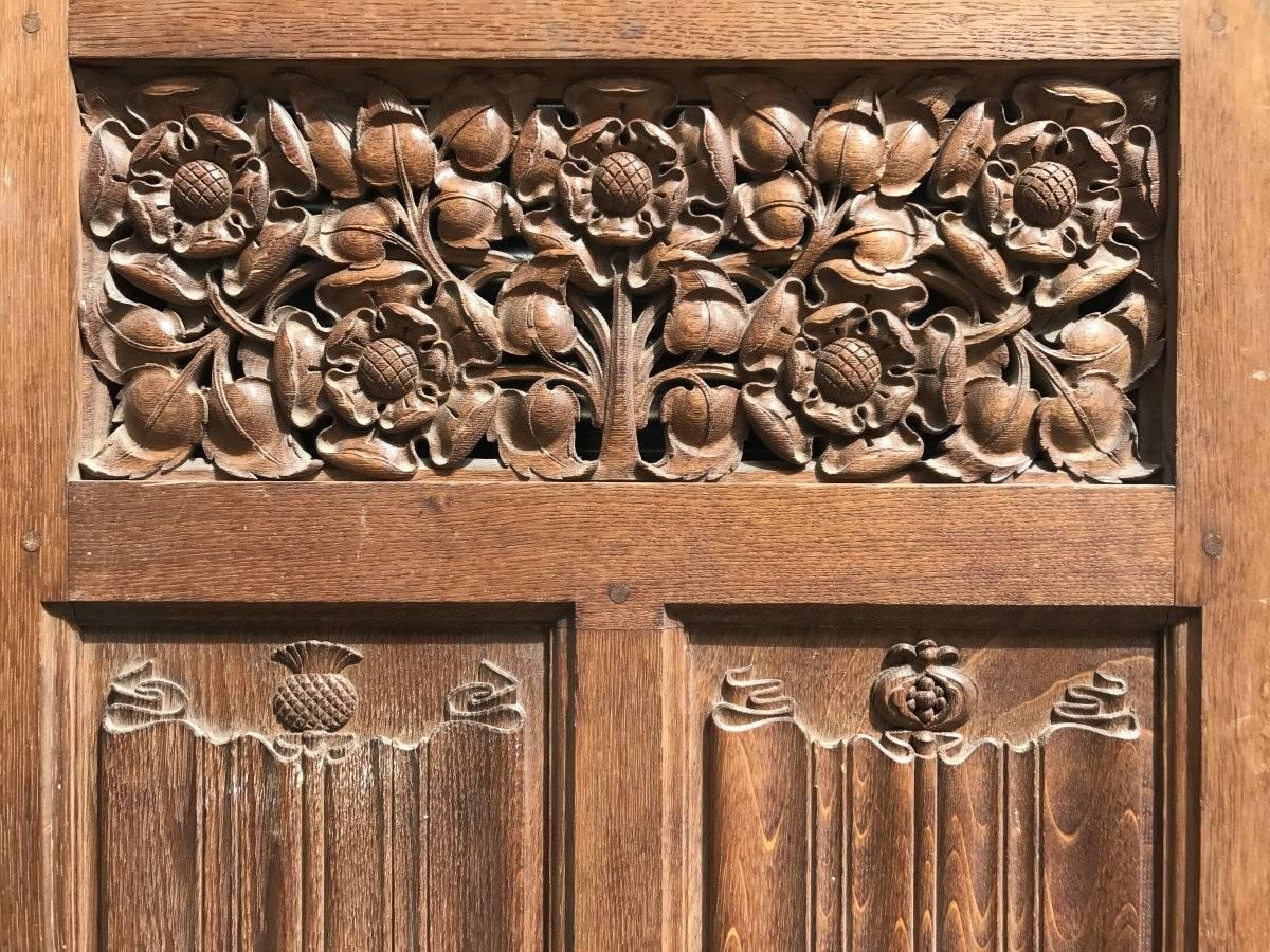 English Arts & Crafts Oak Panelling Pieces with Hand-Carved Pomegranates, Roses & Grapes