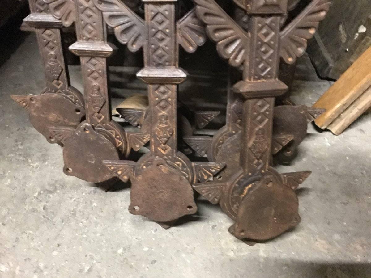 Dr C Dresser attributed for Colebrookdale Iron Works. A rare set of 18 Anglo-Japanese cast iron stair and/or balcony balustrades including the original knurl post making a long run of 19 pieces in total.
There are 11 with round bar extensions to the