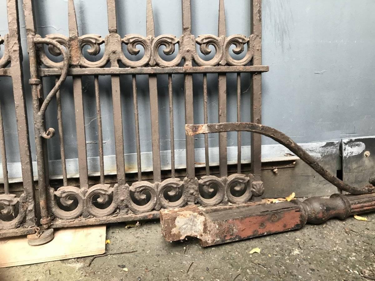 19th Century A Pair of Gothic Revival Cast Iron Gates with Acorn Finials & the Original Posts