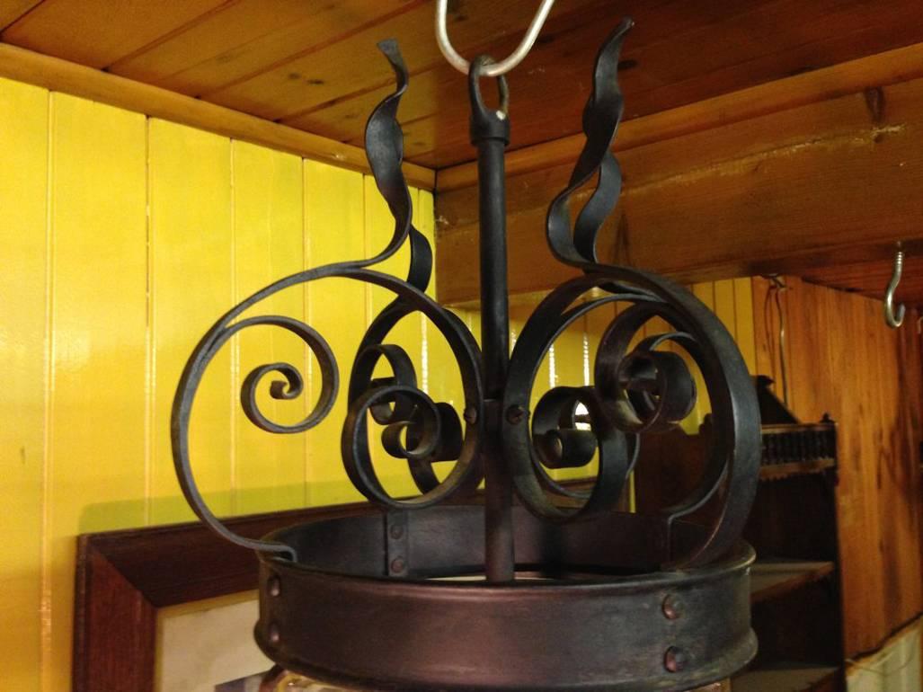 Arts and Crafts An Arts & Crafts Hand Wrought Iron Lantern with Flaming Tendrils & Dappled Shade For Sale
