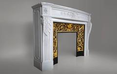 "Arcadie" Louis XVI Style Fireplace in White Carrara Marble with Cast Iron