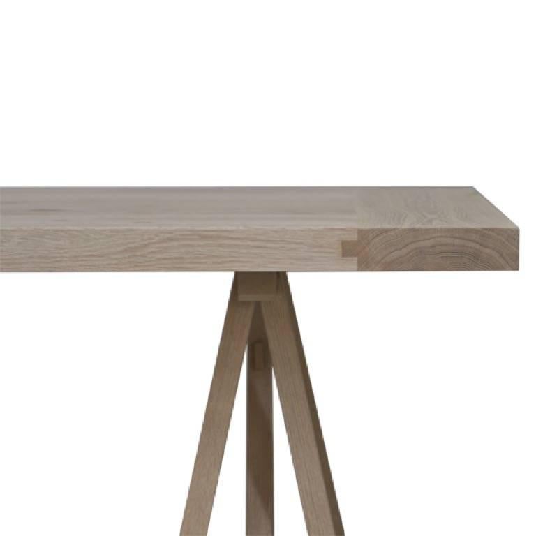 Am designs dining table or desk, top in bleached massive oak on oak trestles. Available in any size.