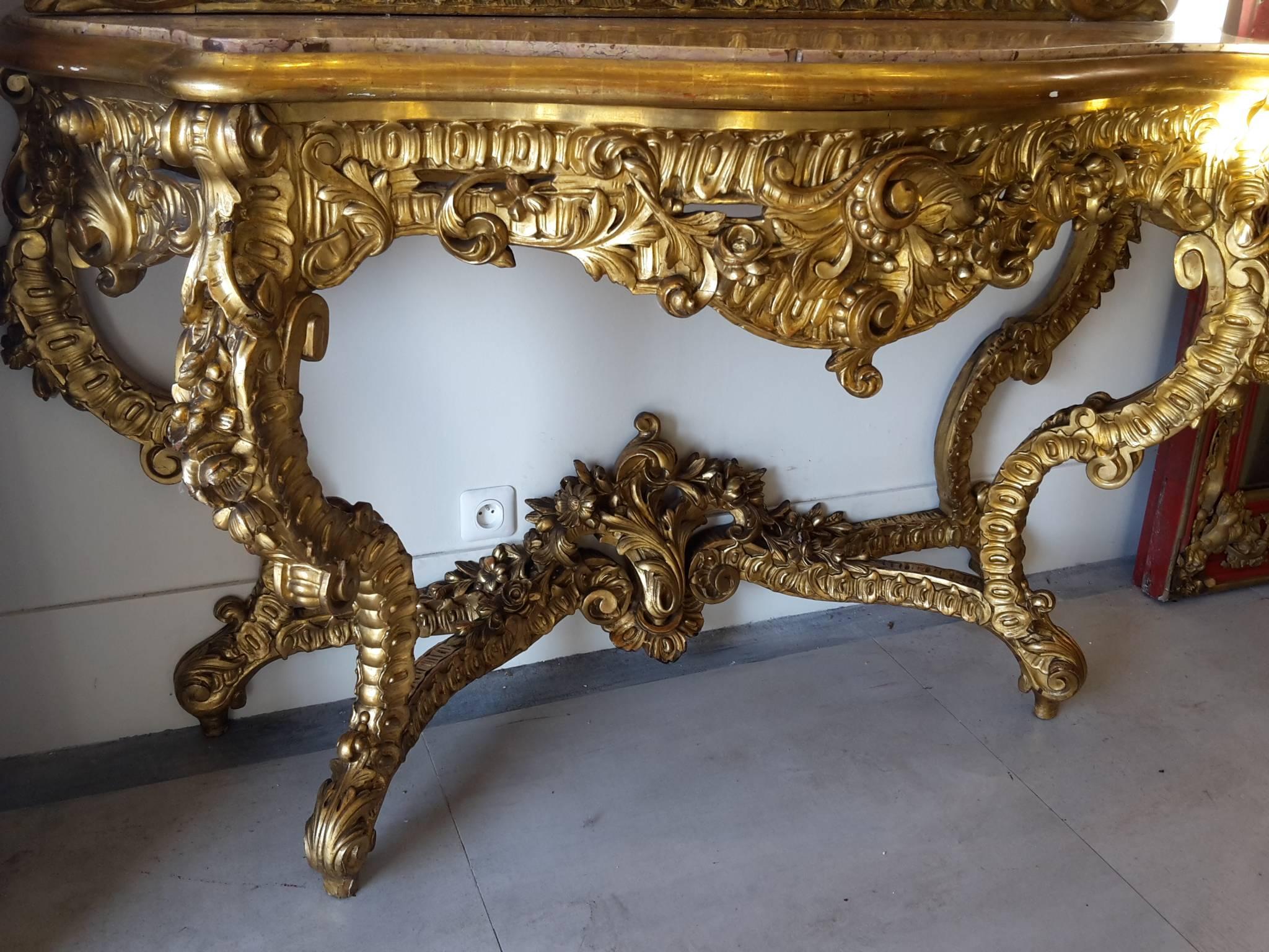 Louis XV French Console Table Giltwood and French Mirror Napoléon III