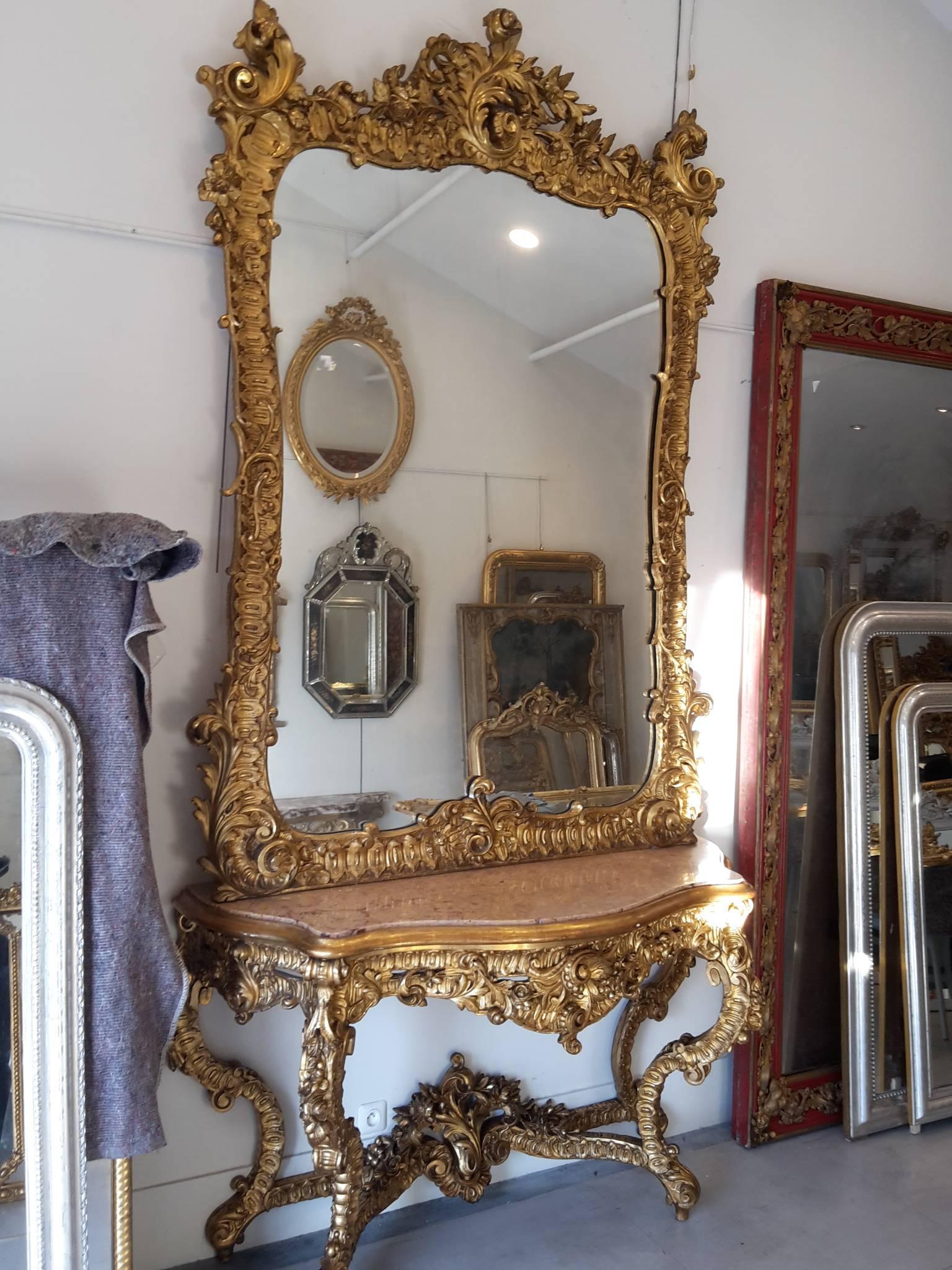 French Console Table Giltwood and French Mirror Napoléon III In Good Condition In Saint-Ouen, FR