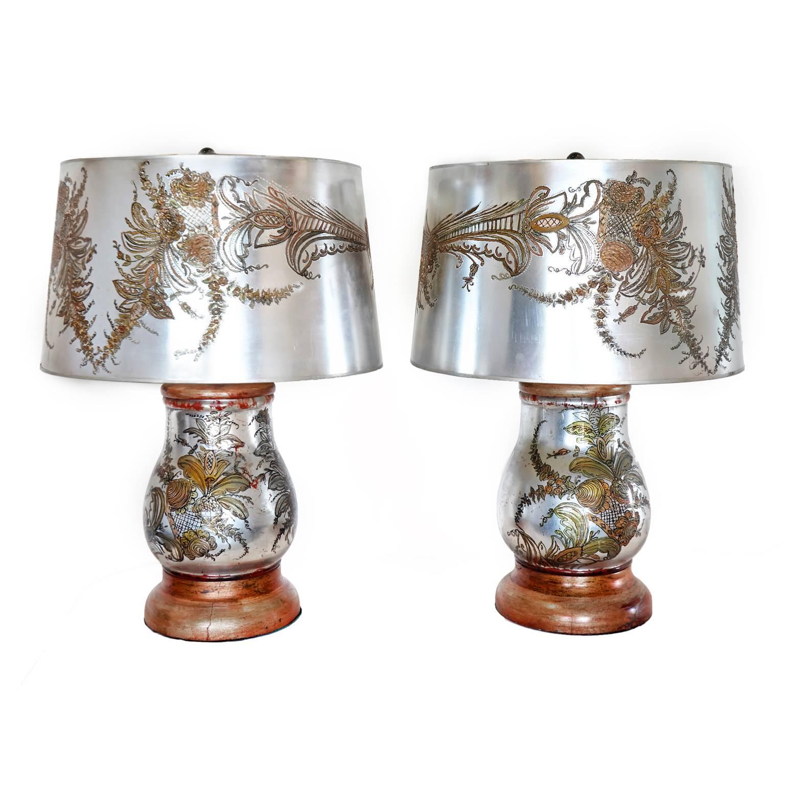 Stunning Pair of Verre Eglomise Table Lamps with Original Shades For Sale