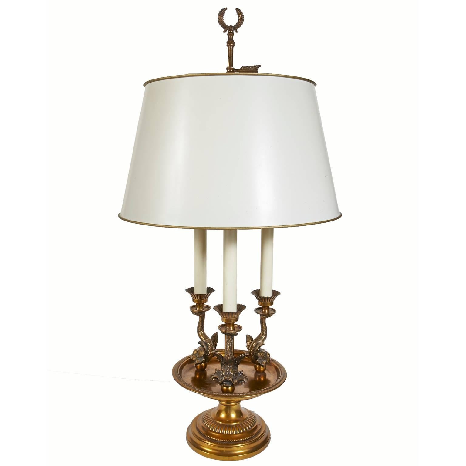 Paul Hanson Three Dolphin Brass Table Lamp For Sale