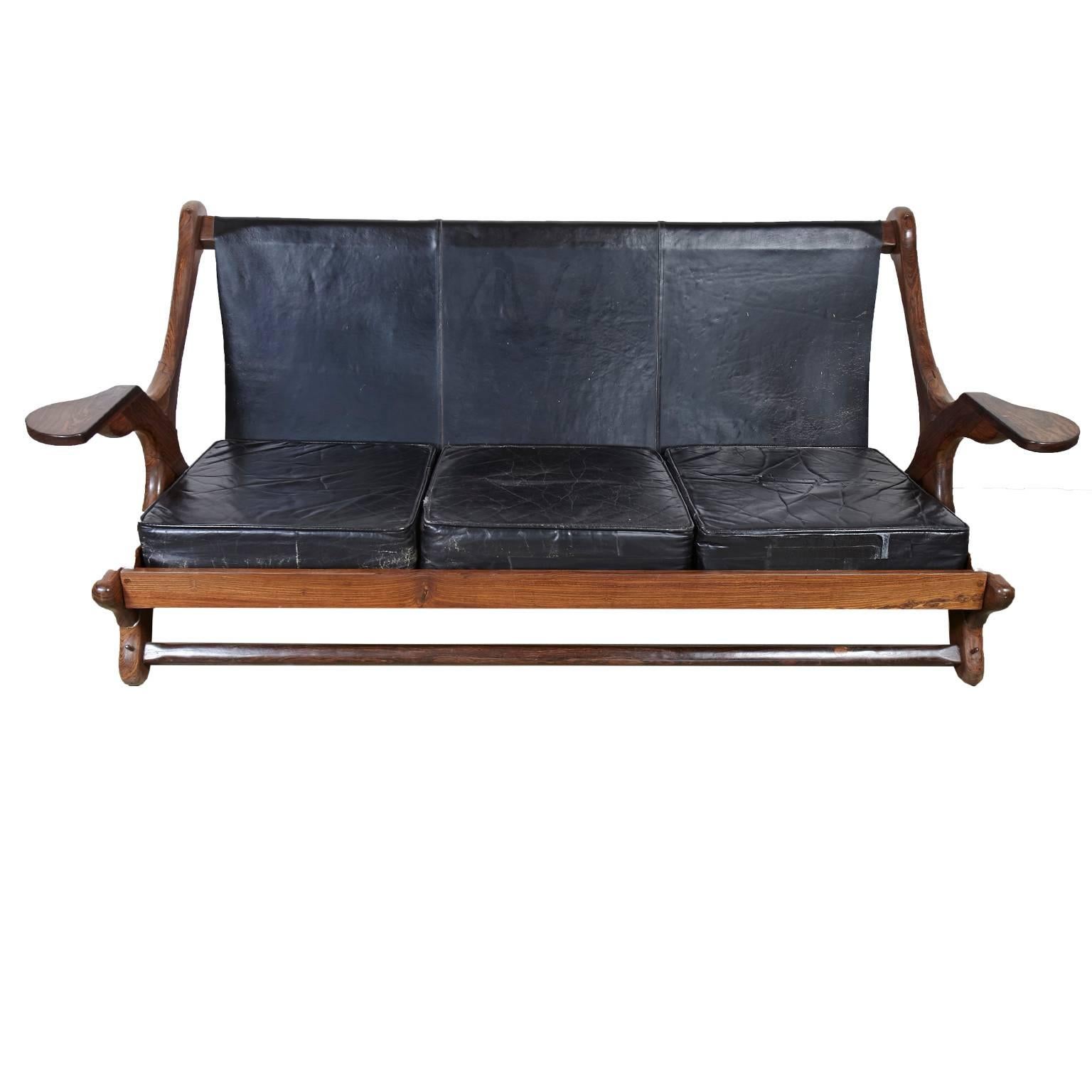 Hard to find Don Shoemaker sofa with black leather and cocobolo wood.
   