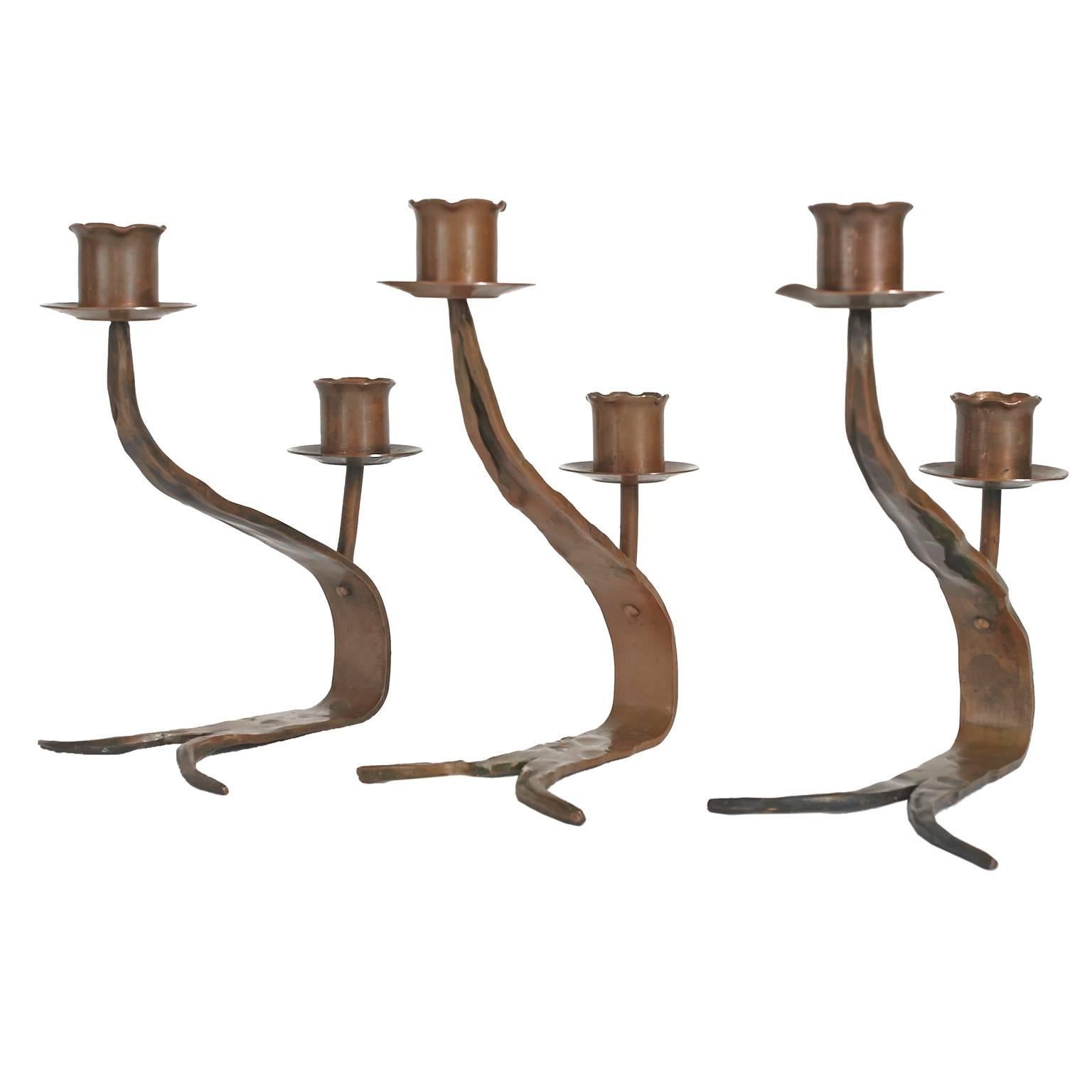  Three Erhard Glander Hand-Wrought Copper Double Candleholders For Sale