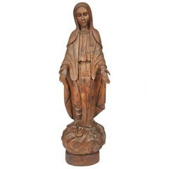 Large Hand-Carved Wood Sculpture of the Virgin Mary with Serpent