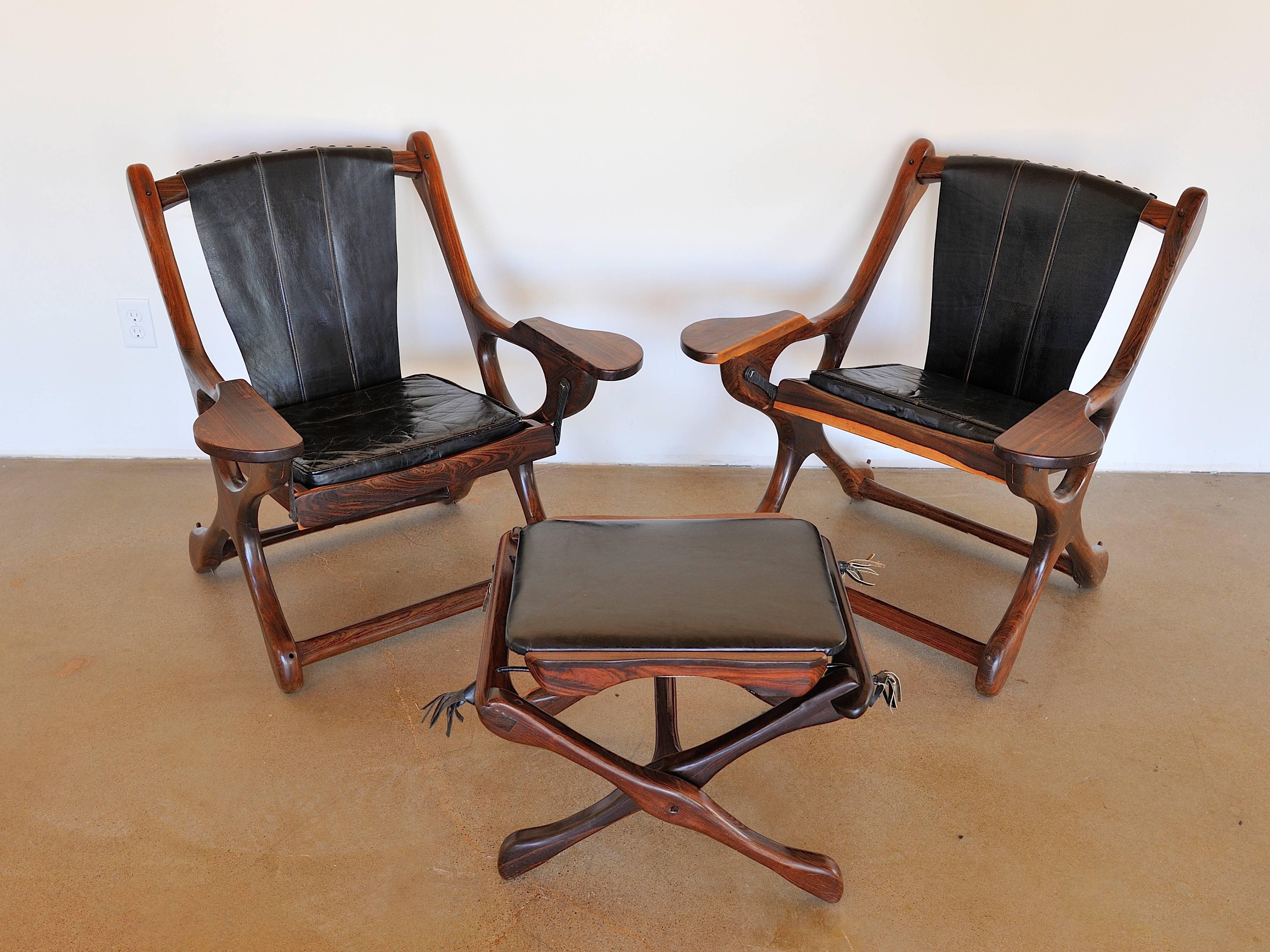 Mexican Pair of Don S. Shoemaker Sling Swinger Chairs with Matching Footstool For Sale