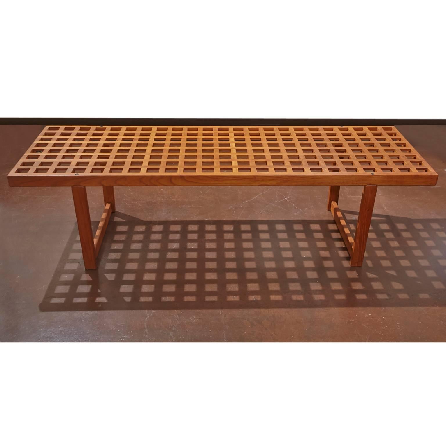 Danish modern Lovig Nielsen slat bench could be used as a coffee table. Has Lovig sticker on end bench.