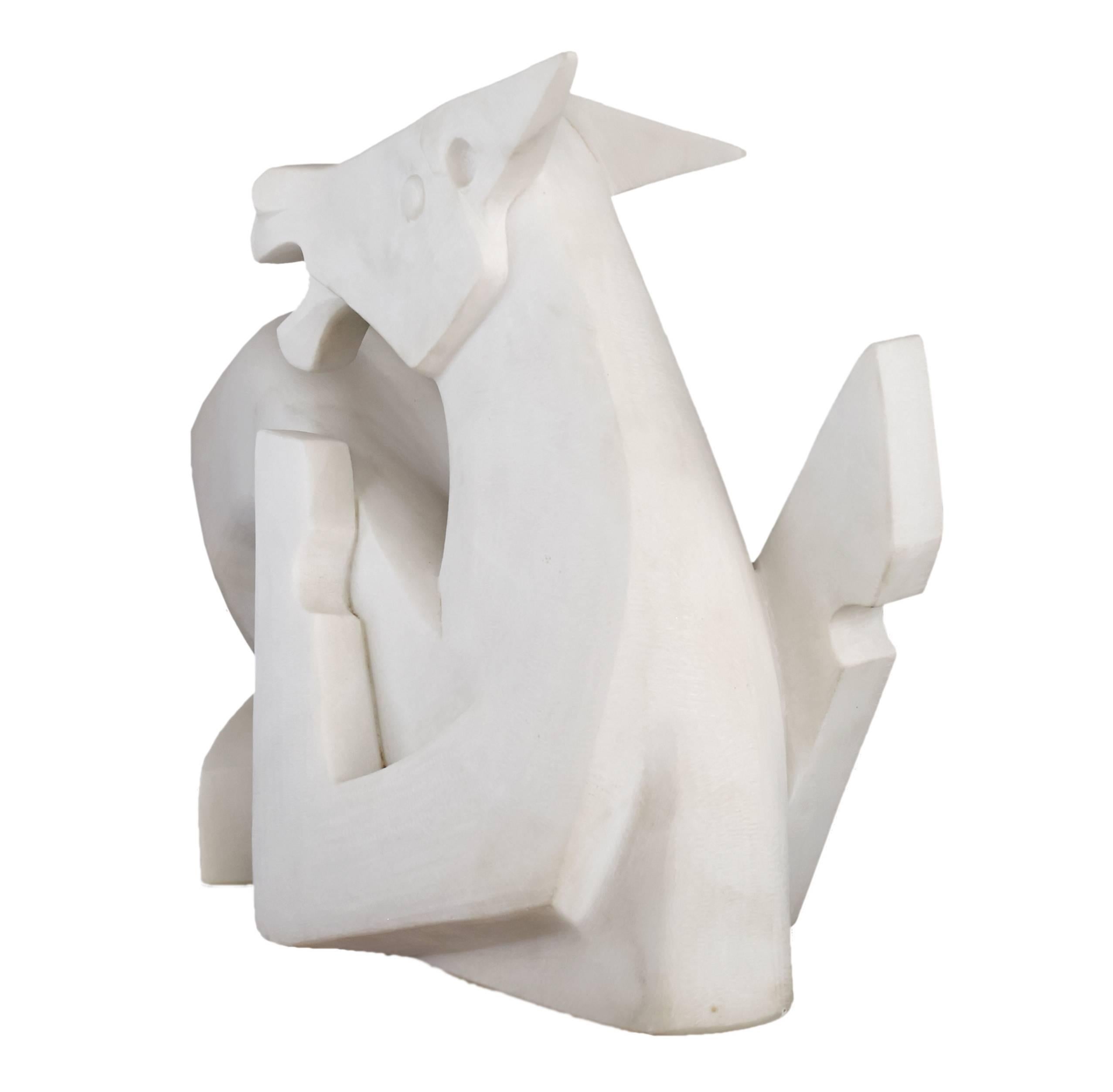 Abstract white marble carved horse sculpture signed on bottom.
Can be displayed from either angle.
Signed on lower side of sculpture but cannot determine artist's name.