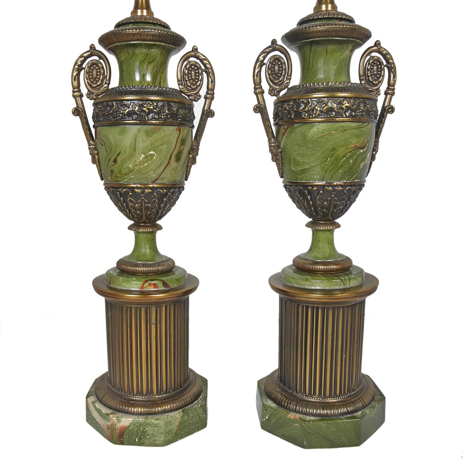 Neoclassical Pair of Paul Hanson Faux Malachite Table Lamps with Original Shades and Finials
