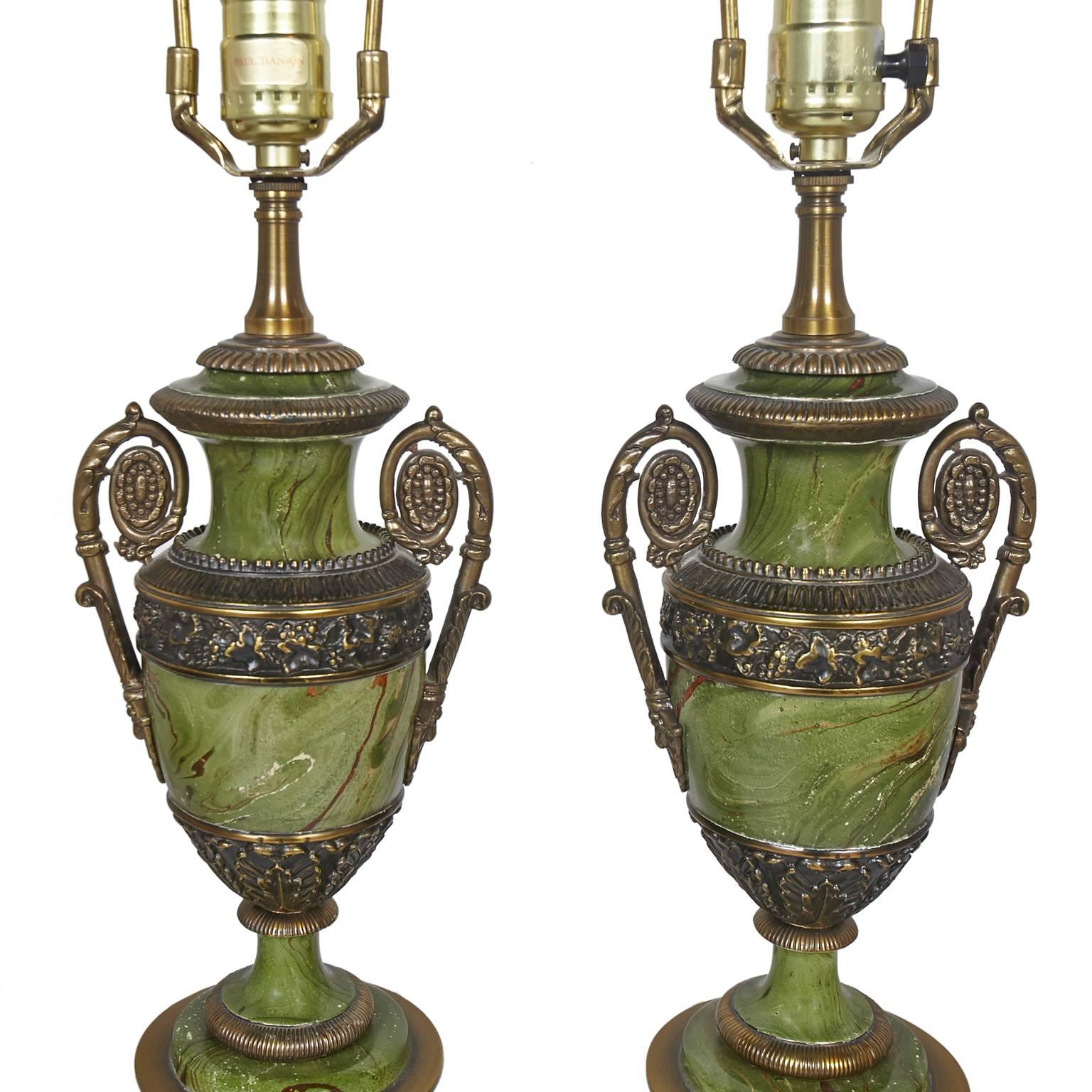 American Pair of Paul Hanson Faux Malachite Table Lamps with Original Shades and Finials