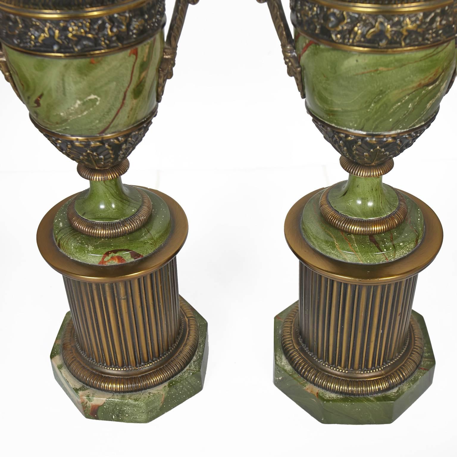 Pair of Paul Hanson Faux Malachite Table Lamps with Original Shades and Finials In Excellent Condition In Tucson, AZ