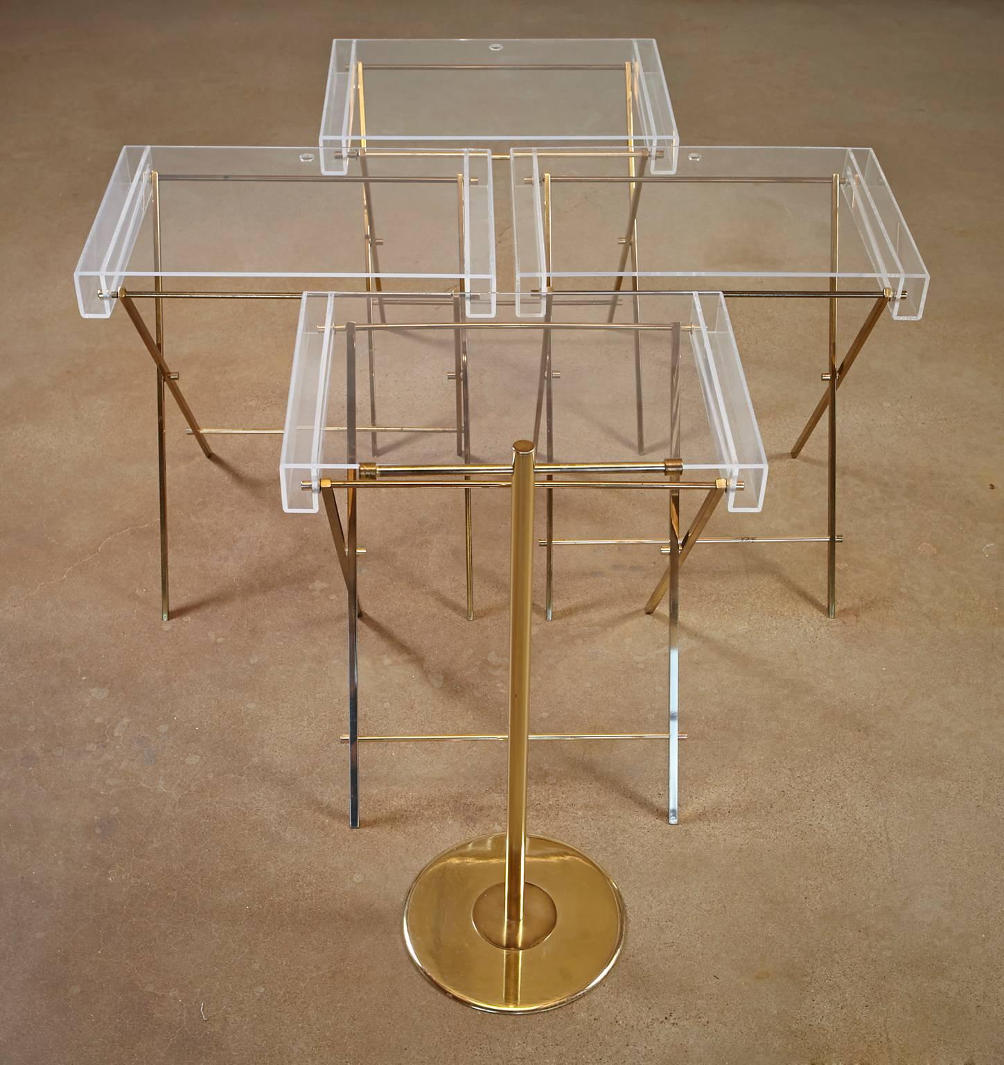 Mid-Century Modern Charles Hollis Jones Clear Lucite and Brass Trays with Brass Stand For Sale