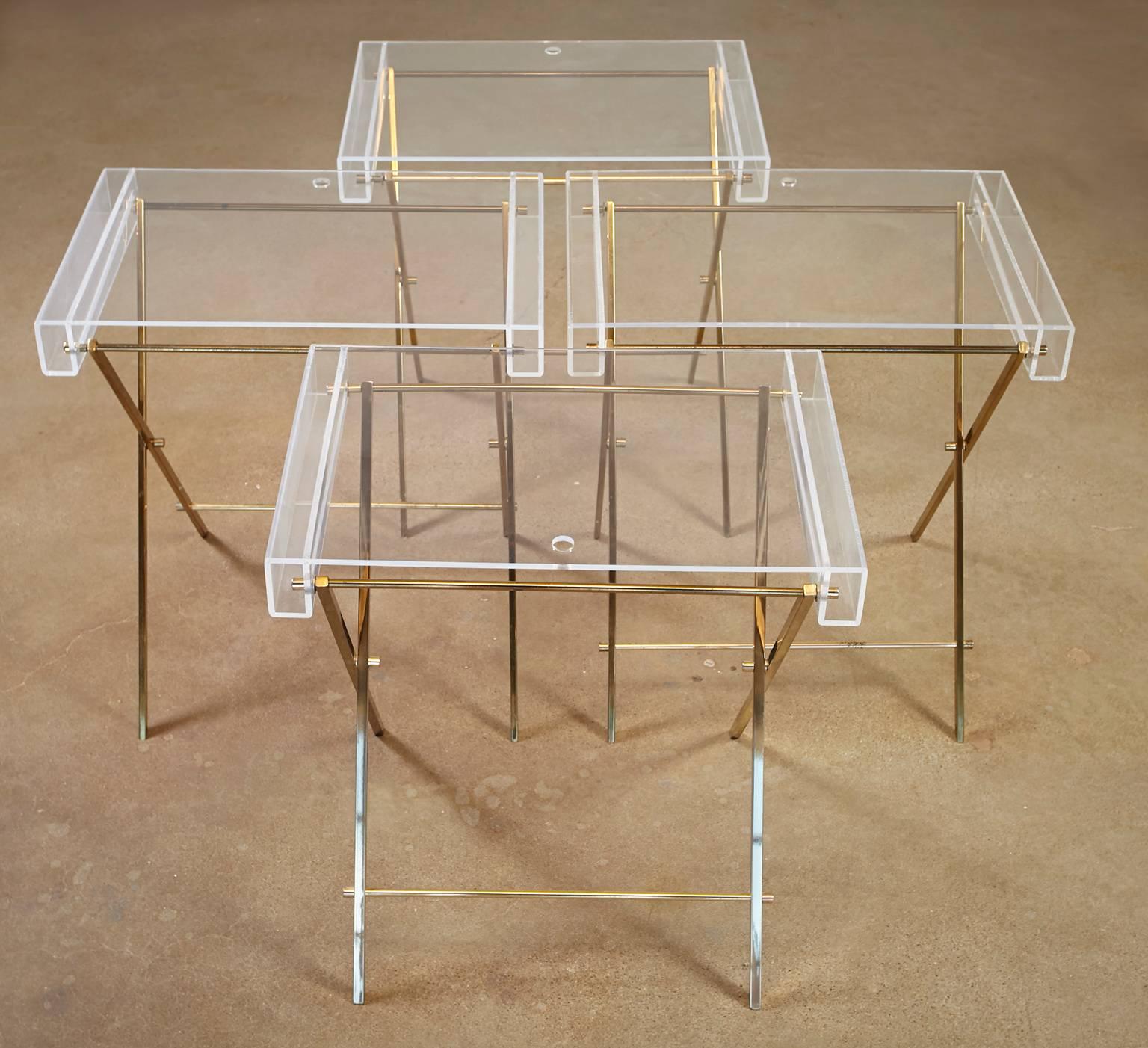 American Charles Hollis Jones Clear Lucite and Brass Trays with Brass Stand For Sale