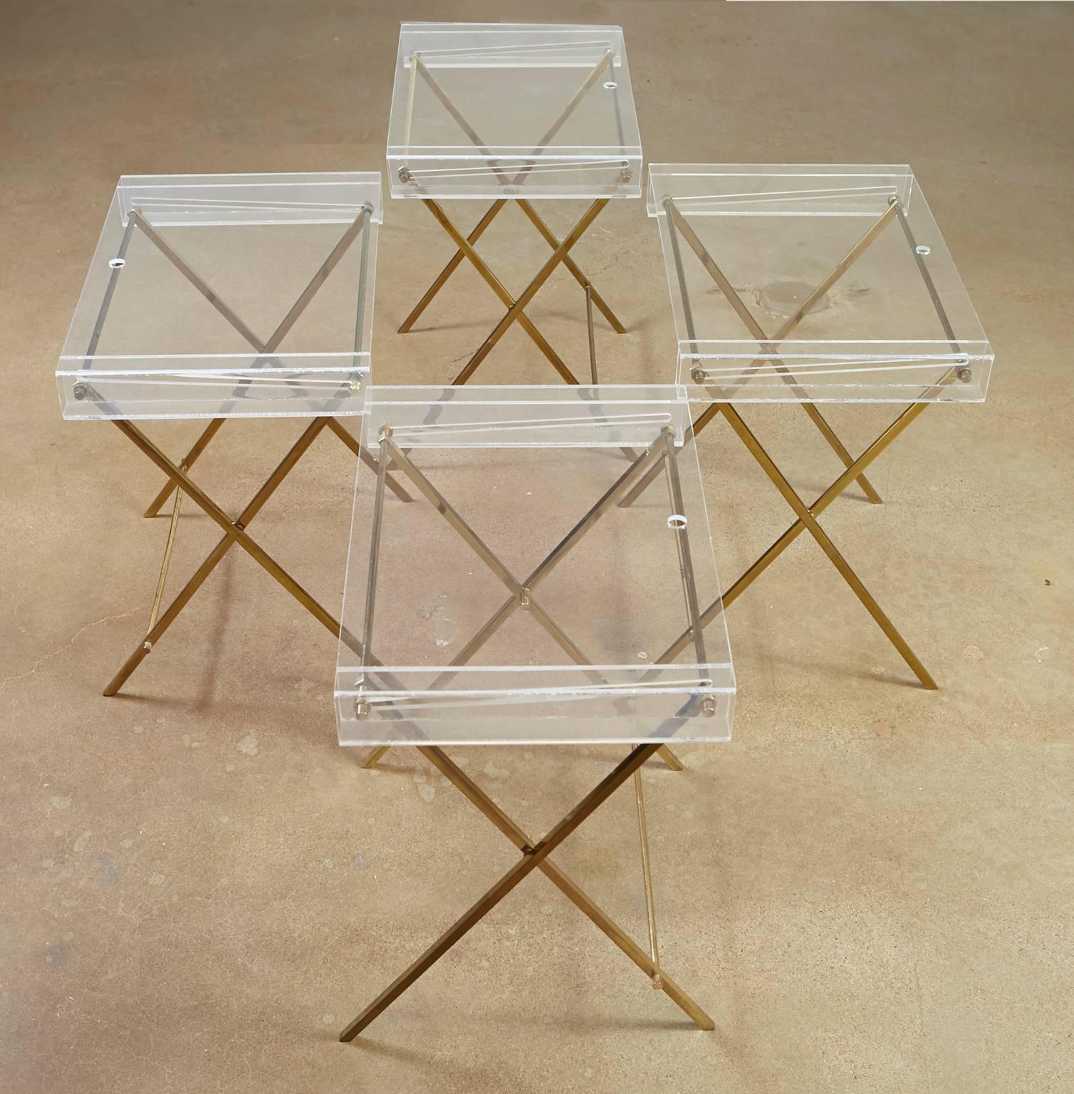 20th Century Charles Hollis Jones Clear Lucite and Brass Trays with Brass Stand For Sale