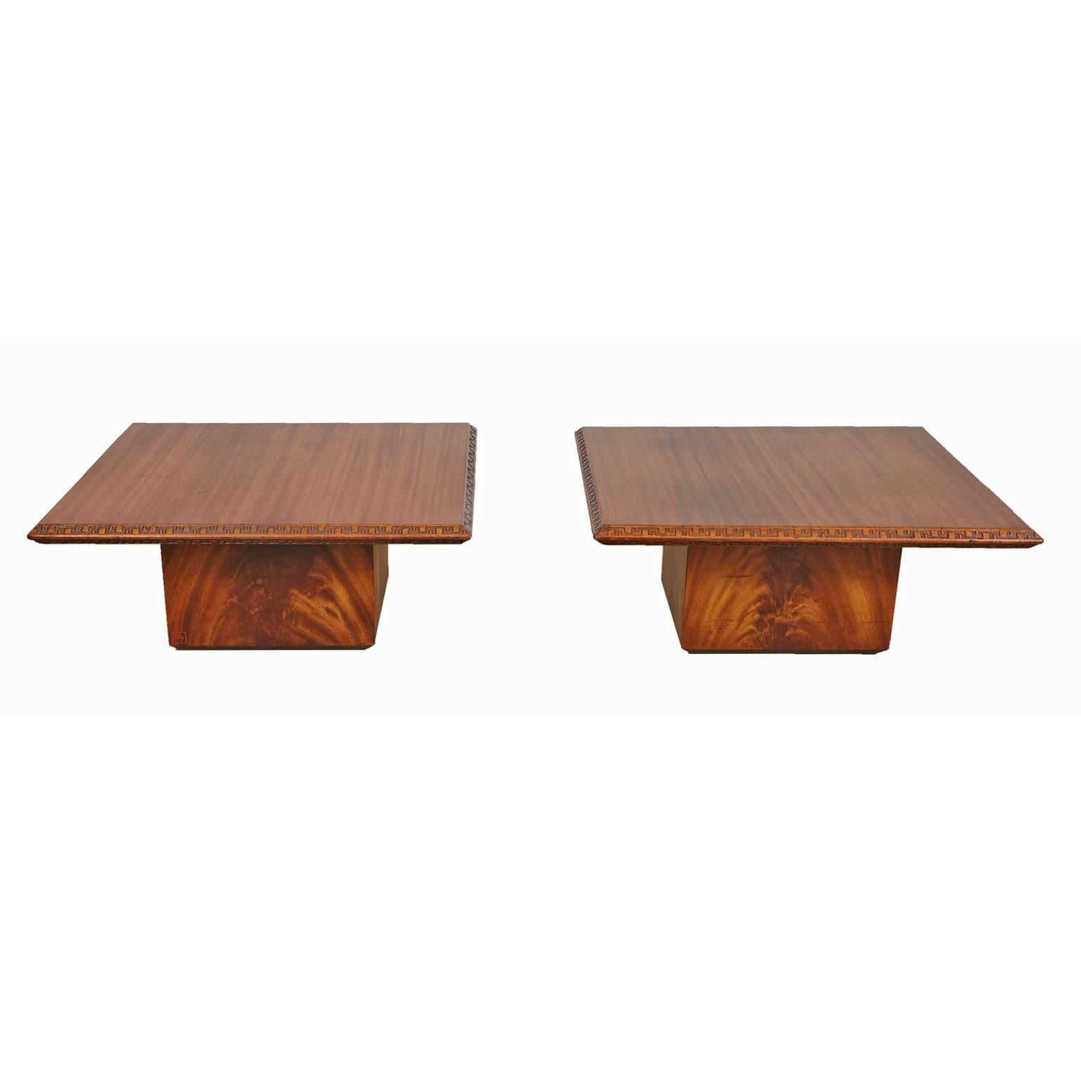 Classic pair of mahogany end/side tables by Frank Lloyd Wright for Heritage Henredon. Manufactured in 1955, from the Taliesin collection.