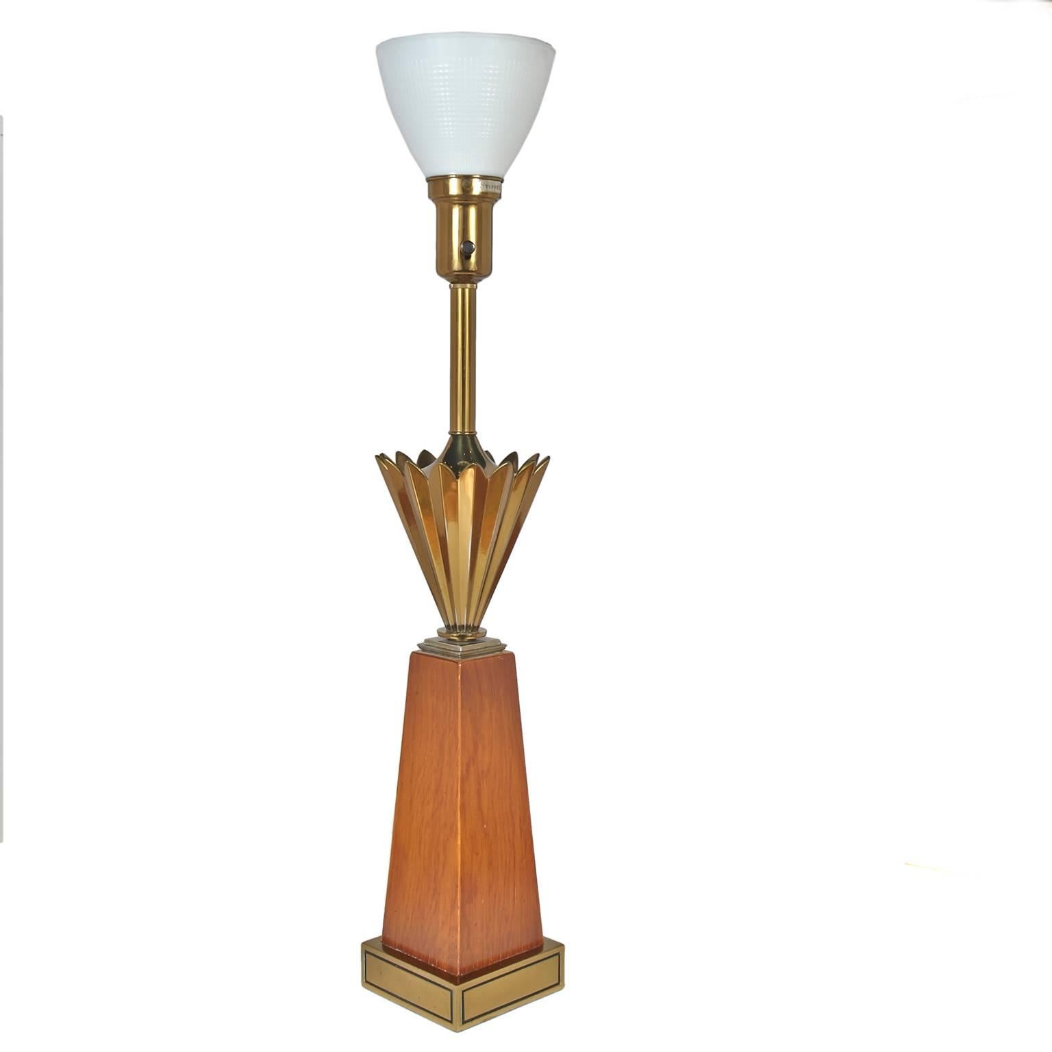 Mid-Century Modern Stiffel table lamp with brass crown and walnut base with brass base.
Original shade, glass diffuser.