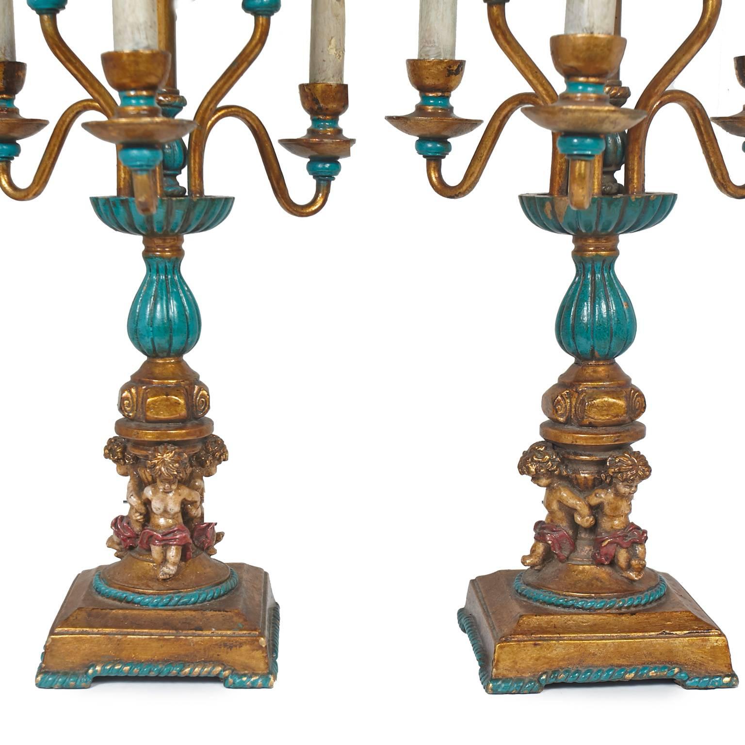 Other Exquisite Pair of French Inspired Candelabra Lamps with Four Cherubs For Sale