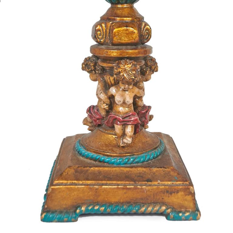 Exquisite Pair of French Inspired Candelabra Lamps with Four Cherubs