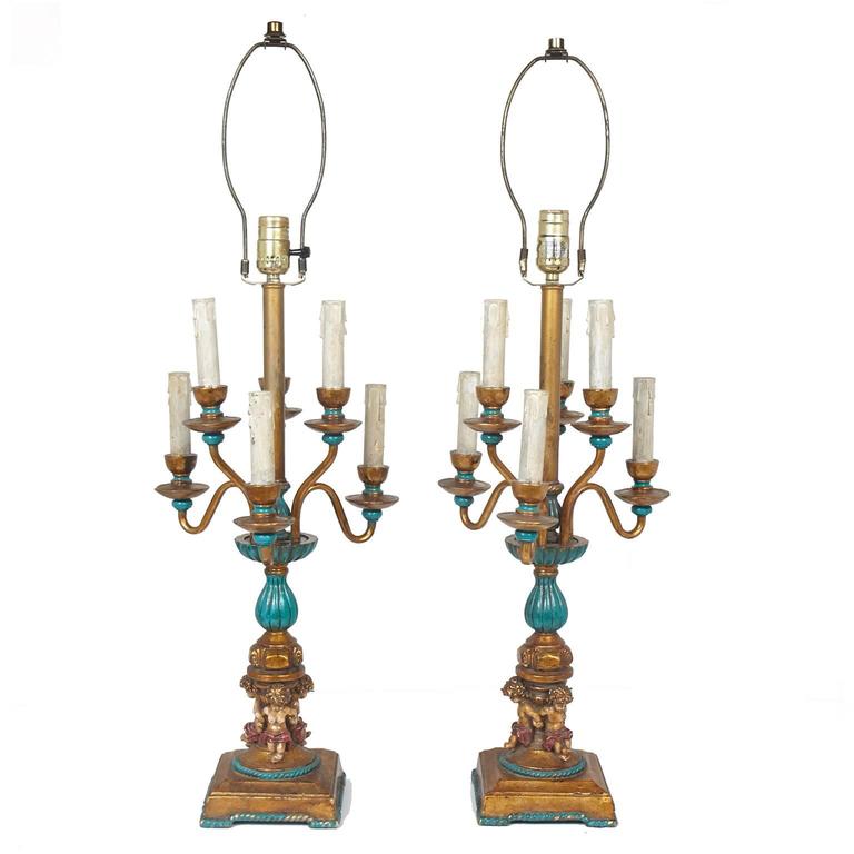 Exquisite Pair of French Inspired Candelabra Lamps with Four Cherubs