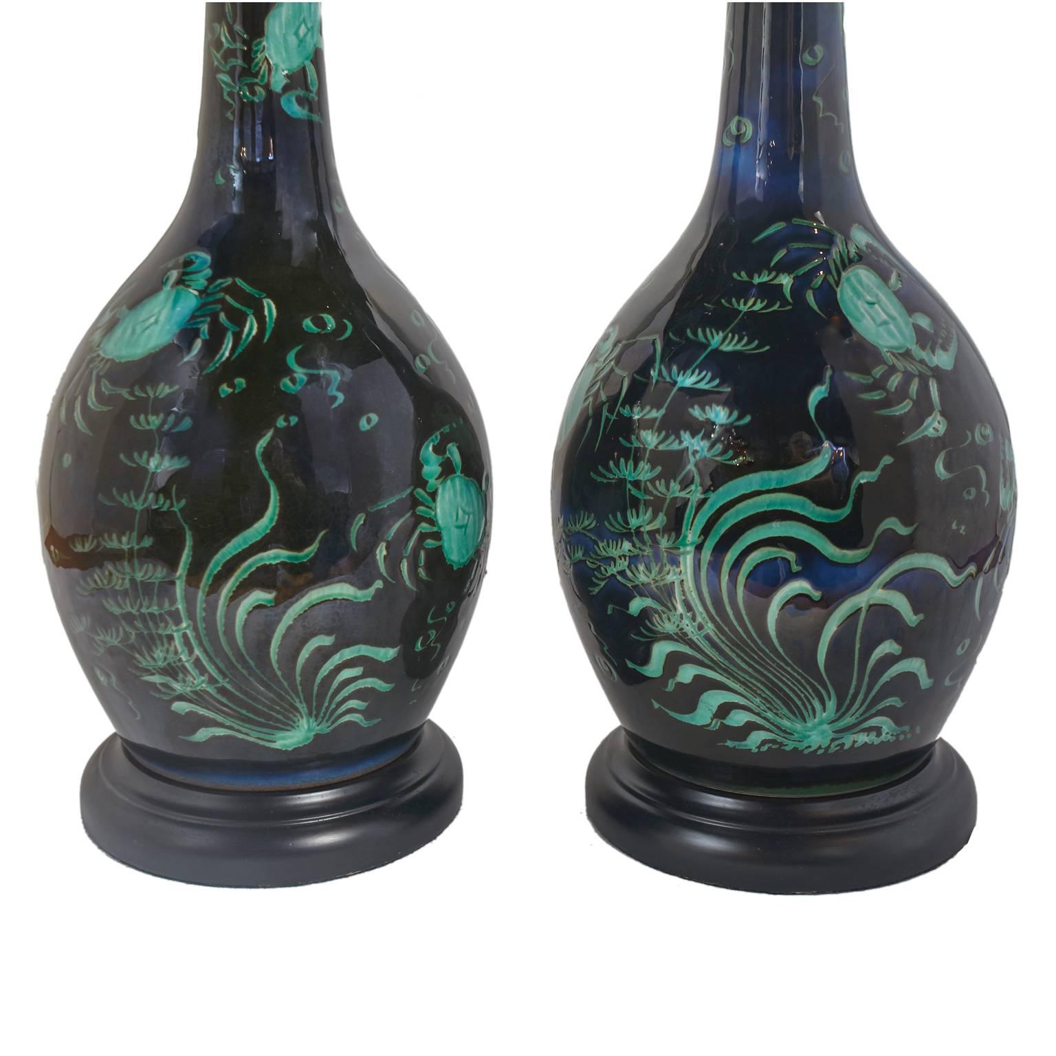American Pair of Deep Blue Ceramic Lamps with Turquoise Green Crabs and Ocean Plants