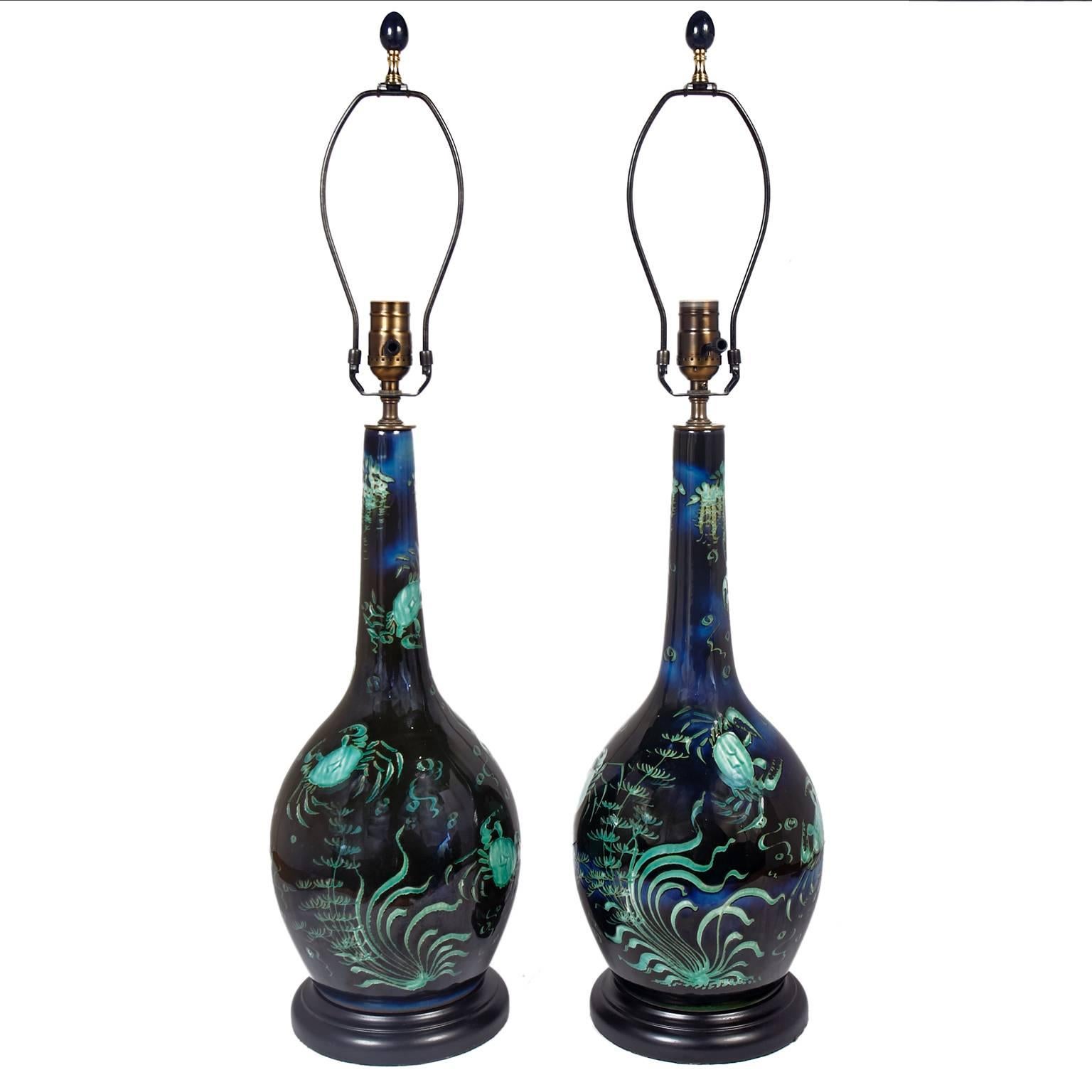 Modern Pair of Deep Blue Ceramic Lamps with Turquoise Green Crabs and Ocean Plants