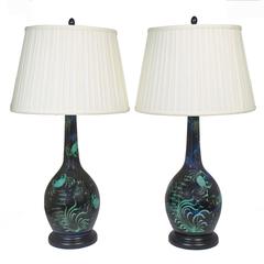 Pair of Deep Blue Ceramic Lamps with Turquoise Green Crabs and Ocean Plants
