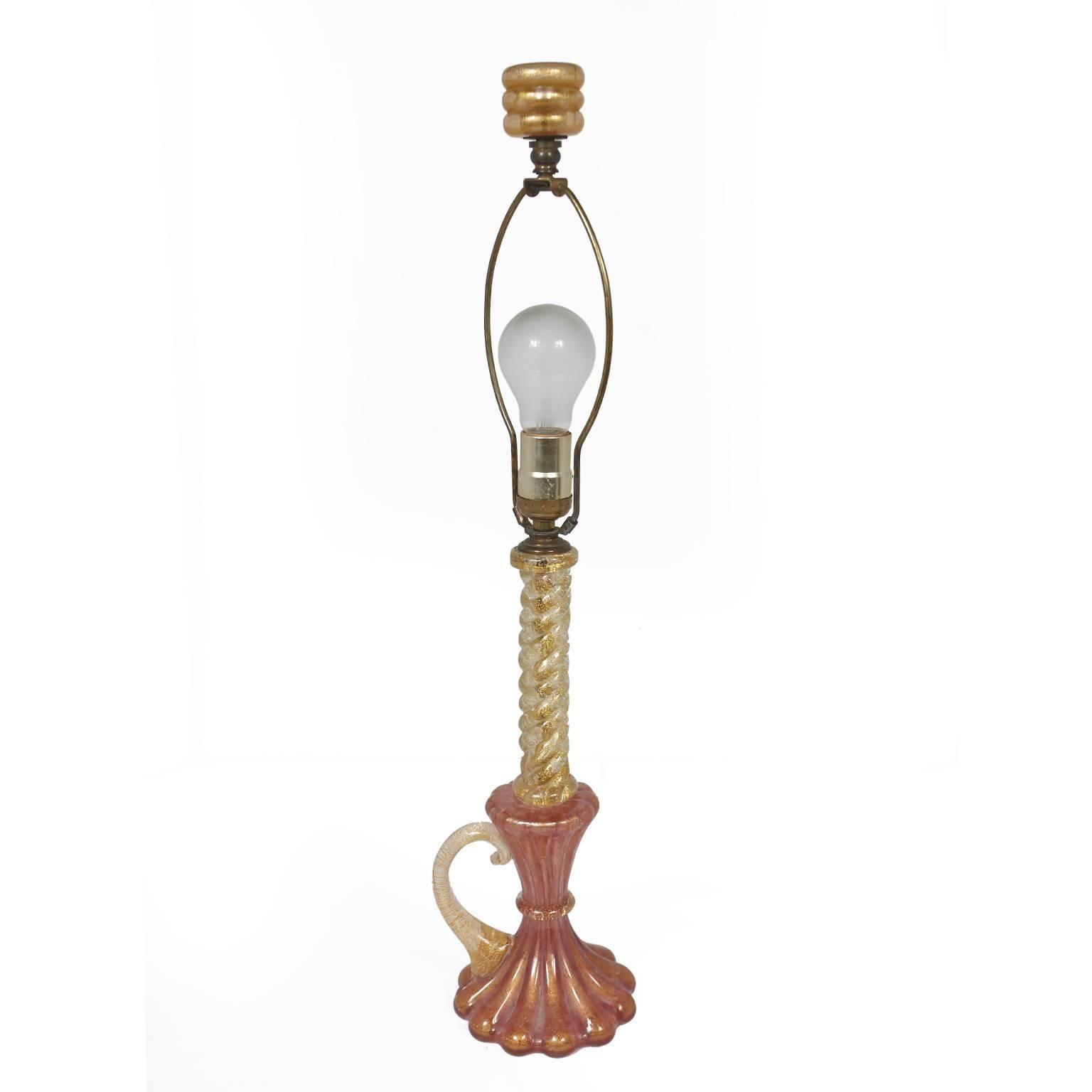 Beautiful gold infused pink and gold Murano table lamp, with original gold finial.