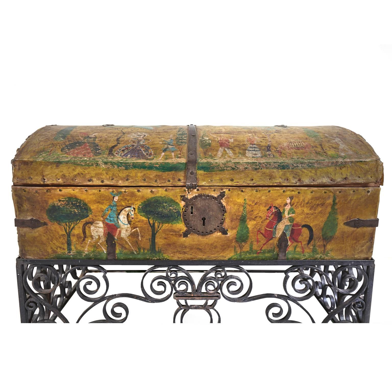 Folk Art Salvador Corona Hand-Painted Leather Trunk with Wrought Iron Stand