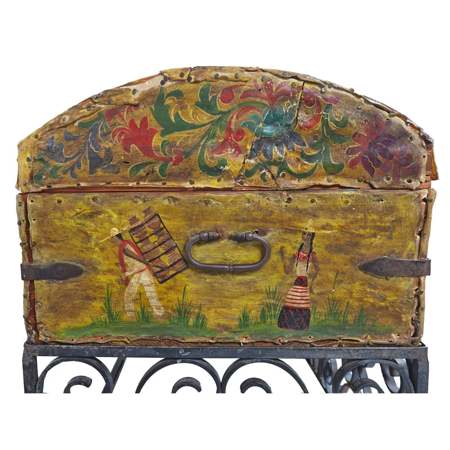 20th Century Salvador Corona Hand-Painted Leather Trunk with Wrought Iron Stand