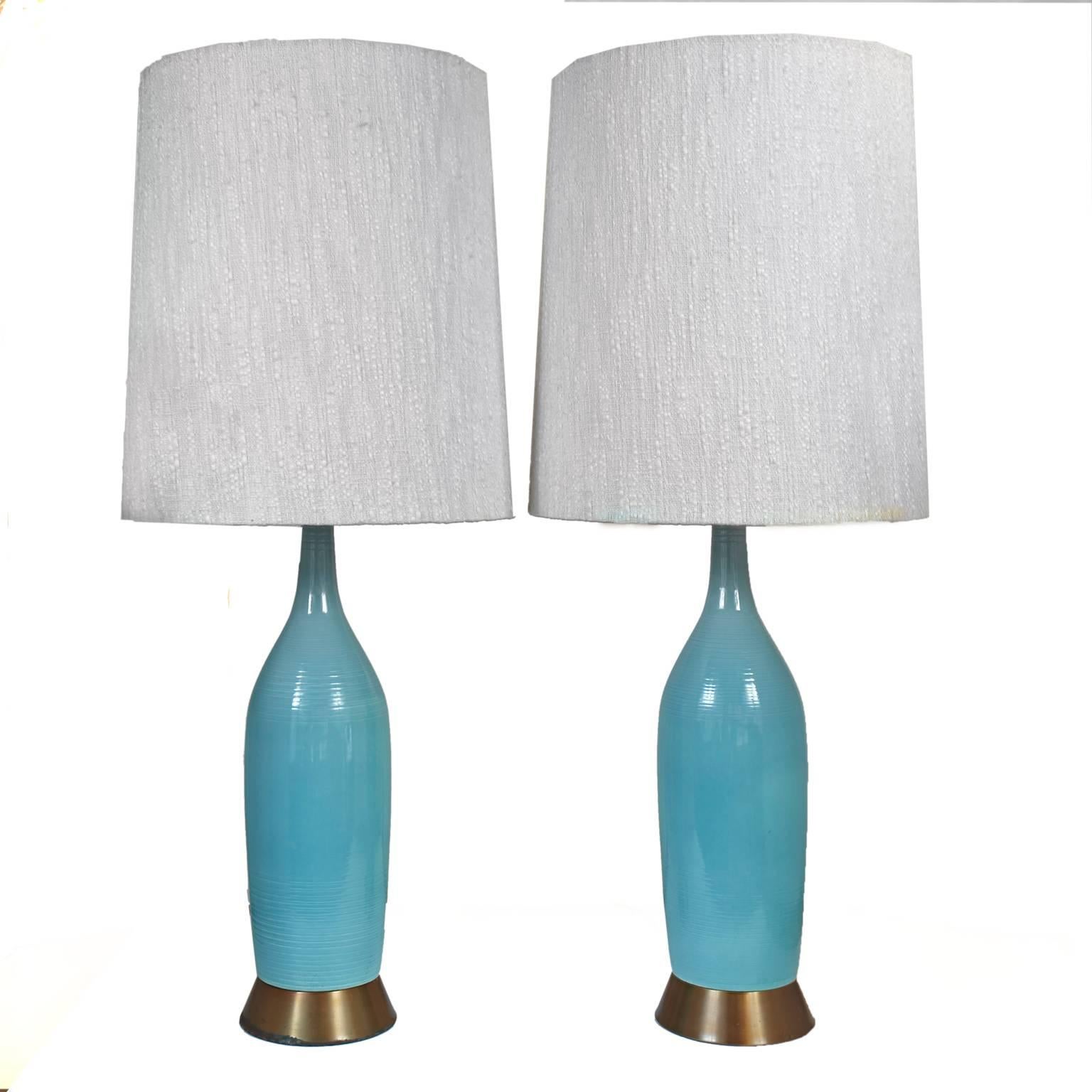 Beautiful Pair of Turquoise Blue Ceramic Mid-Century Lamps with Original Shades