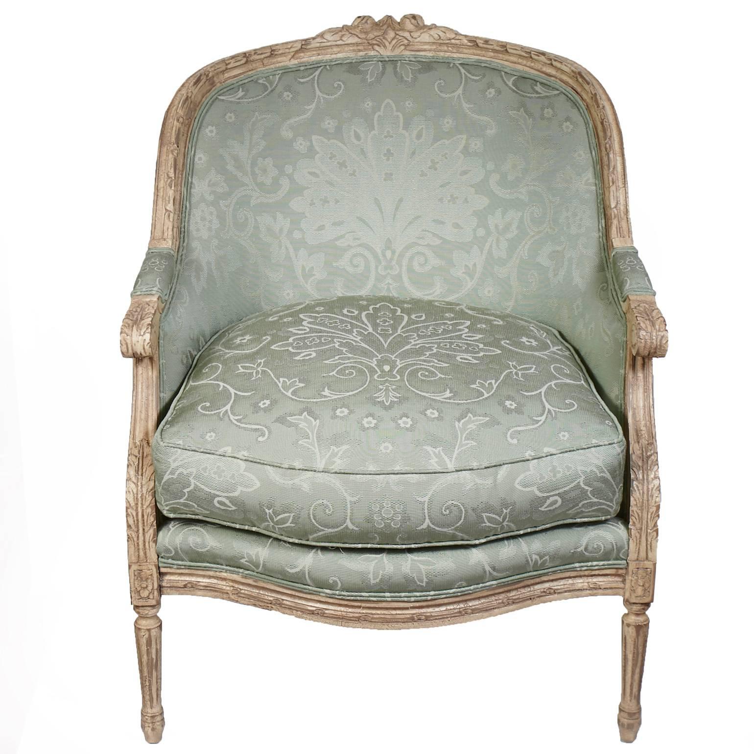 Like new harden French carved armchairs model #3448-000. Original like new light green fabric. Ready to use.