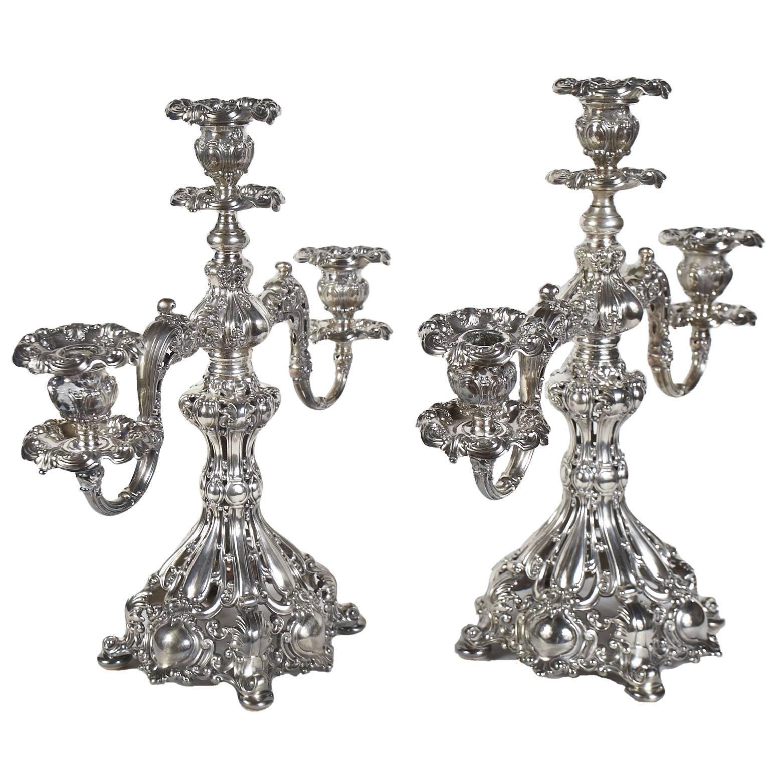 Beautiful silver plate three arm candelabras by Reed and Barton. Renaissance Pattern. Great Vintage condition.