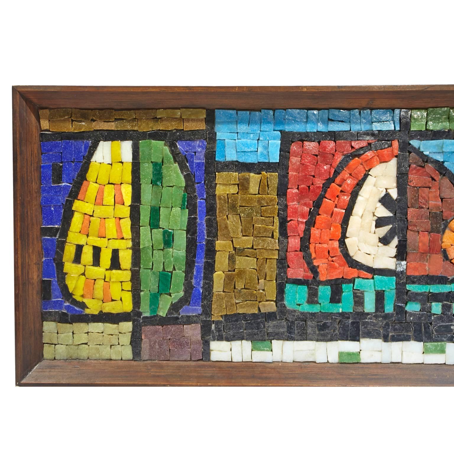 Colorful, abstract still life mosaic tile wall hanging by Evelyn Ackerman. Era industrias label on back, #402 designed-Evelyn Ackerman.